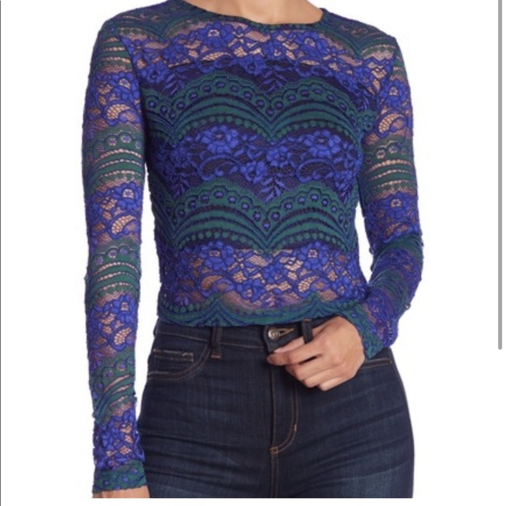 NWT- Romeo + Juliet Couture Purple & Forest Green Lace Long Sleeve Top size S